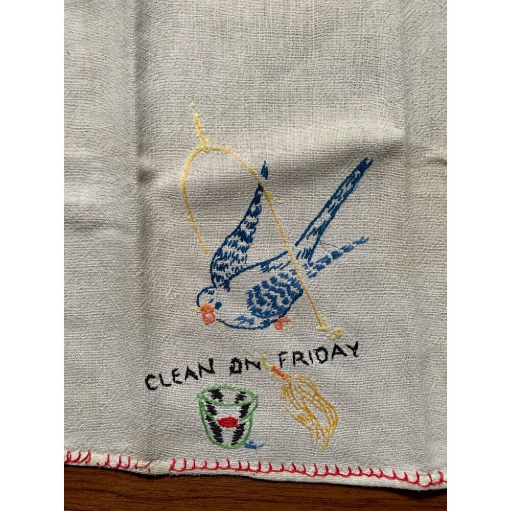 Vintage Clean On Friday Embroidered Bird Swing Hand Towel 16"x28" Colorful Edge